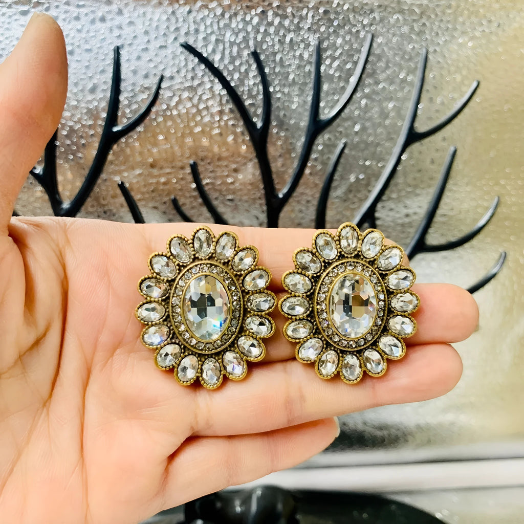Western retro full inlaid drop shape geometric earrings for women, electroplated mixed material, available as ear studs and ear clips