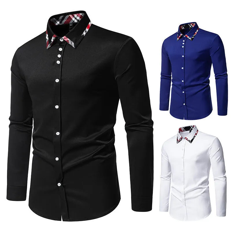 Men's plaid pattern long sleeve shirt with contrasting colour triangle collar in polyester blend fabric