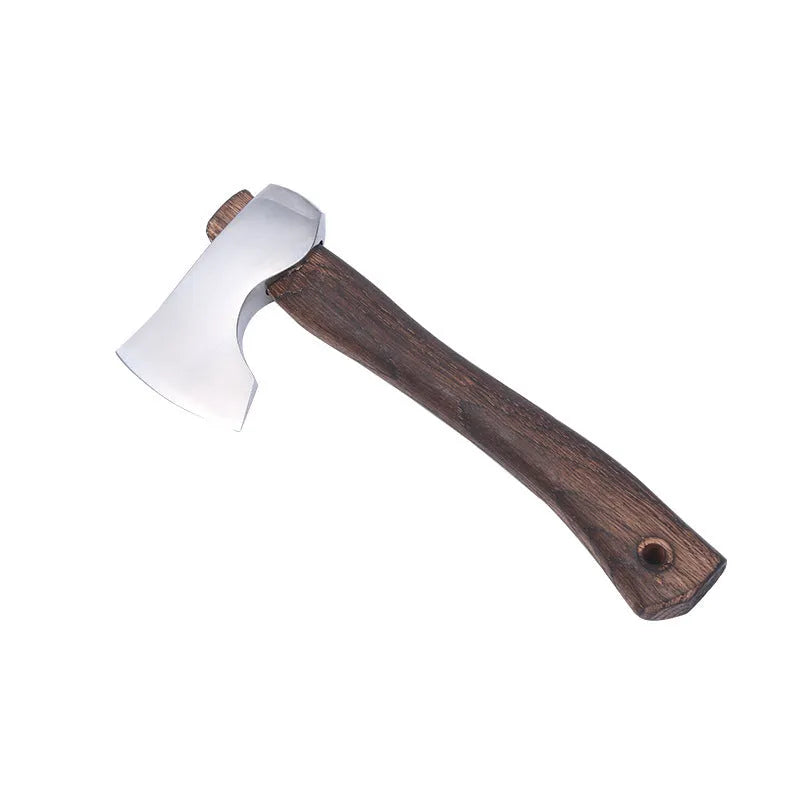 Camping axe with high carbon steel head and wooden handle on a neutral background.