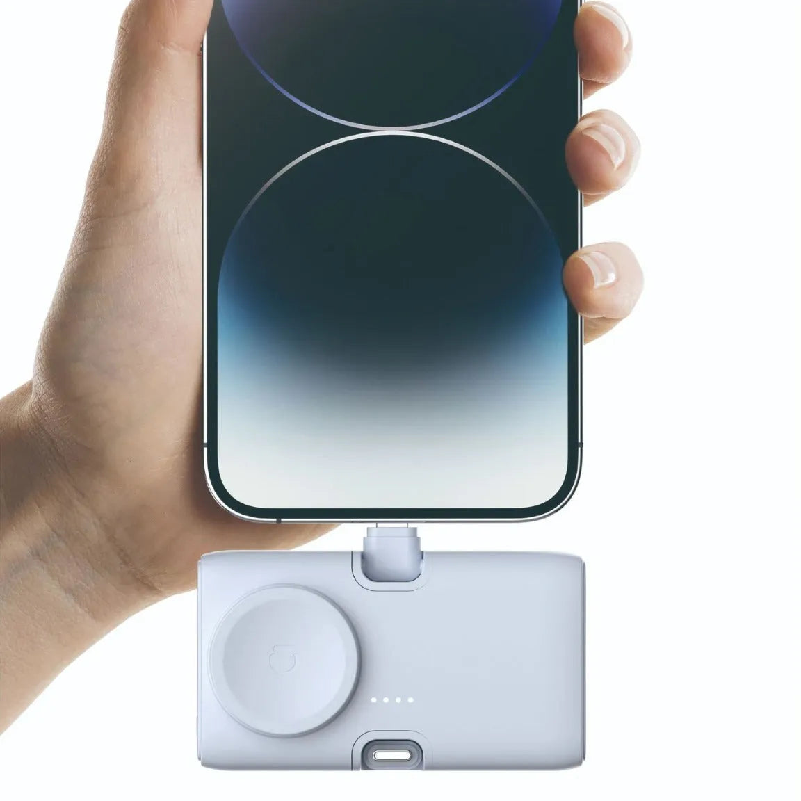 White wireless power bank showing compact 10.5x5x6cm dimensions with 5000mAh capacity label