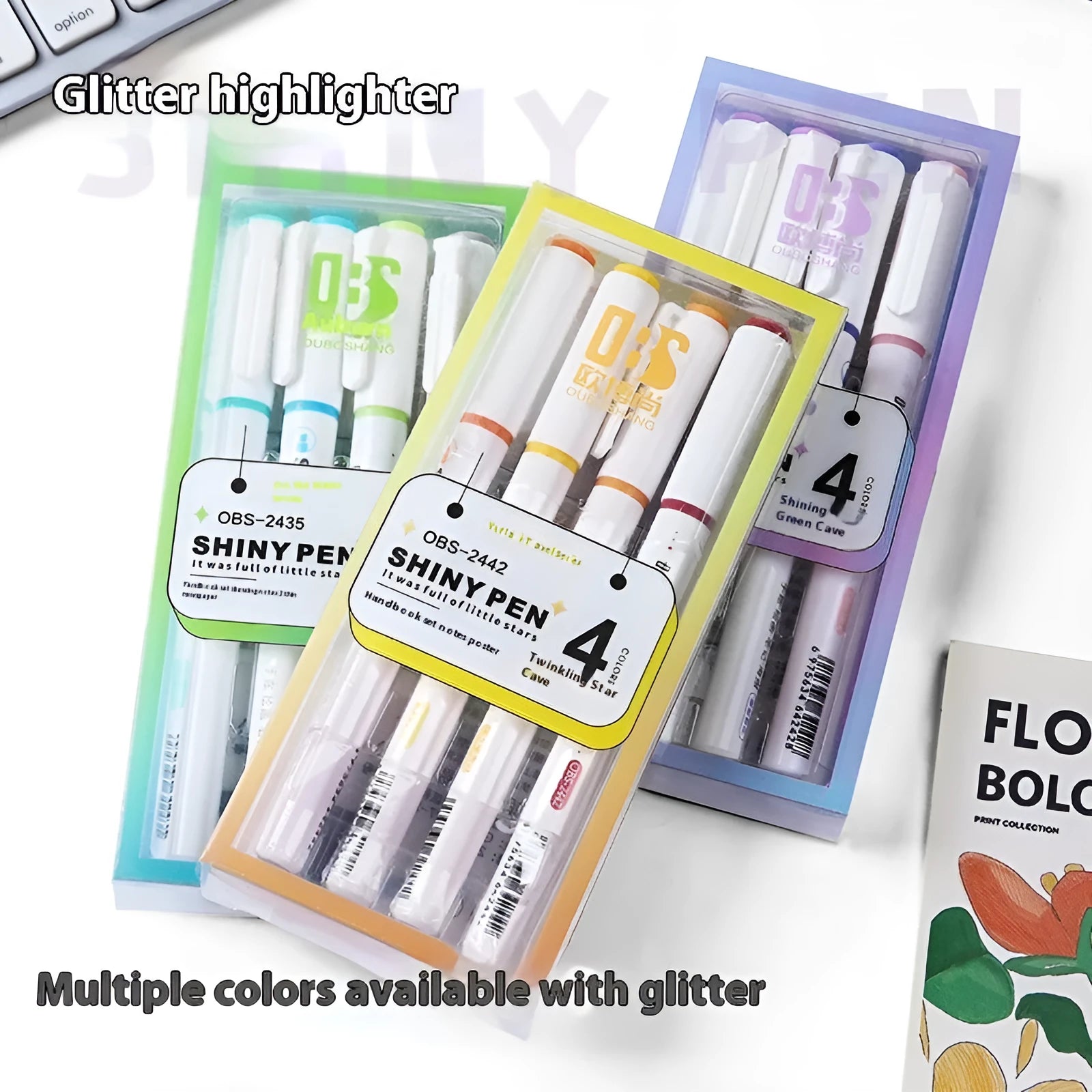 Set of four glitter highlighter pens with slanted 4mm tips in six colour variants including Taro Puff and Mung Bean Smoothie.