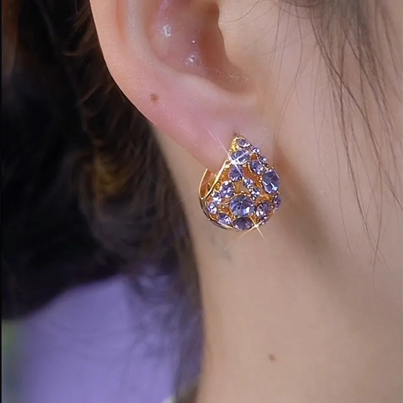 Light luxury purple full diamond ear clip on an alloy geometric round shape with Japanese Korean style