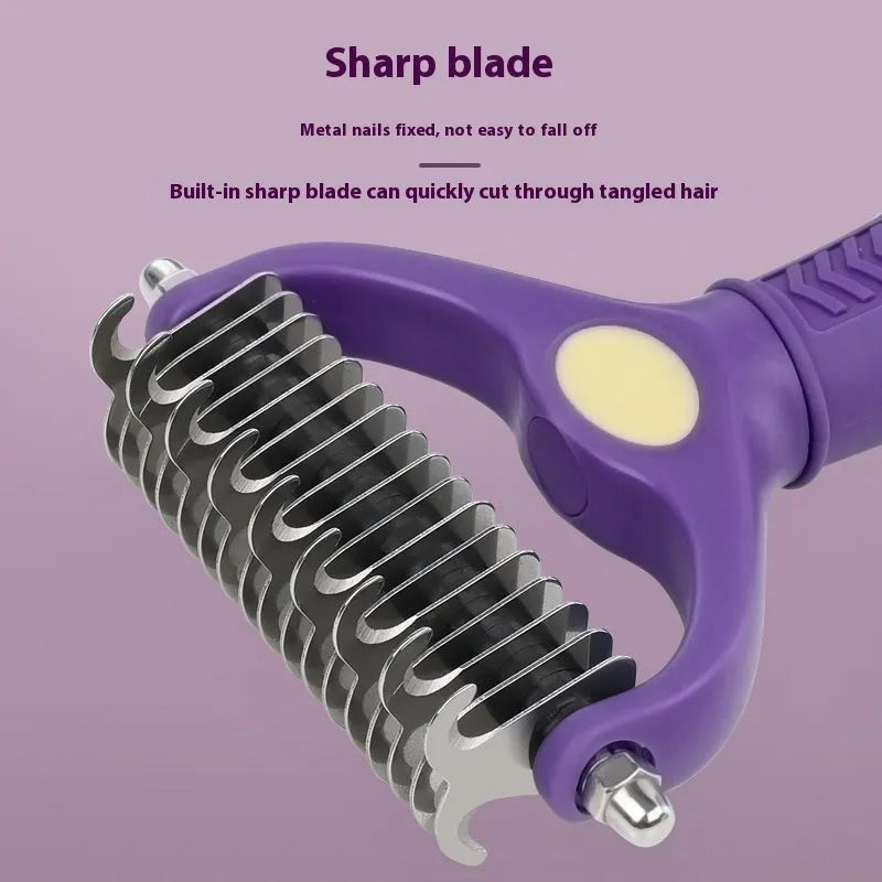 Purple double-sided plastic pet comb for removing knots from dog and cat fur.