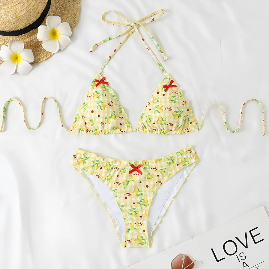 Women's bikini tight backless split swimsuit with floral pattern in high elasticity nylon polyester