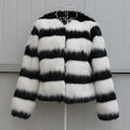 Black and white striped faux fur leather jacket for women, long sleeved