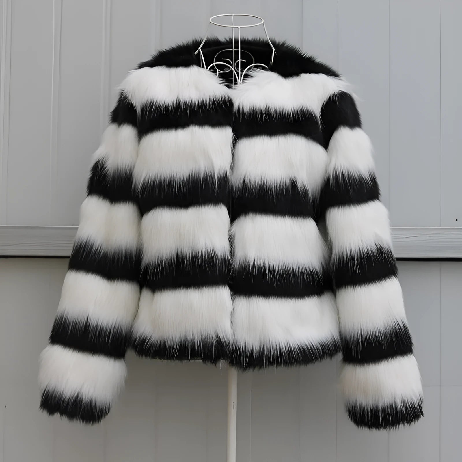 Black and white striped faux fur leather jacket for women, long sleeved
