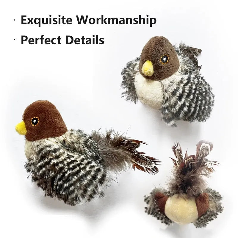 Interactive chirping bird cat toy made of velvet, 5.7x2.8x2.2 inches, with feather and ring for play.