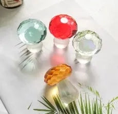 Modern crystal mushroom decorative craft measuring 40x53mm in transparent, green, red, or yellow with geometric styling
