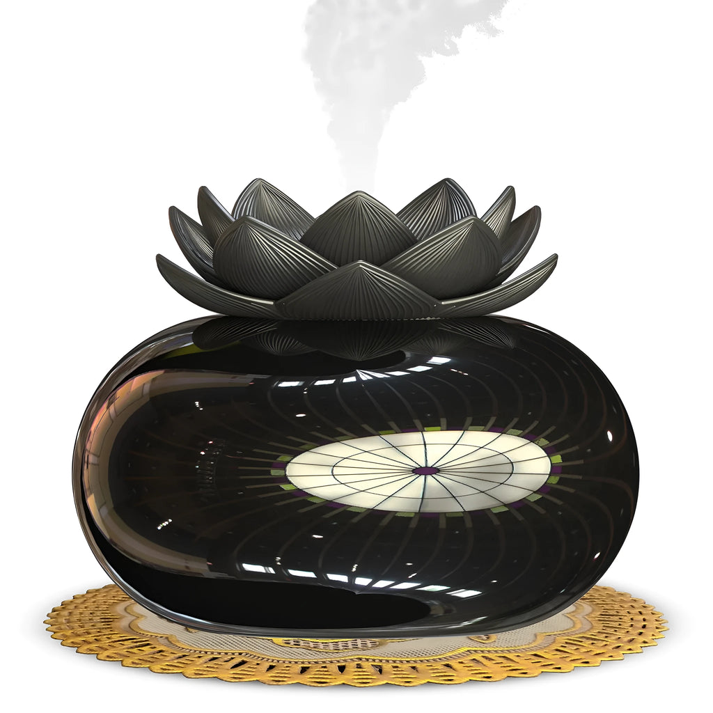 Pure black lotus-shaped aromatherapy humidifier with USB cable and ceramic mist diffusion plate