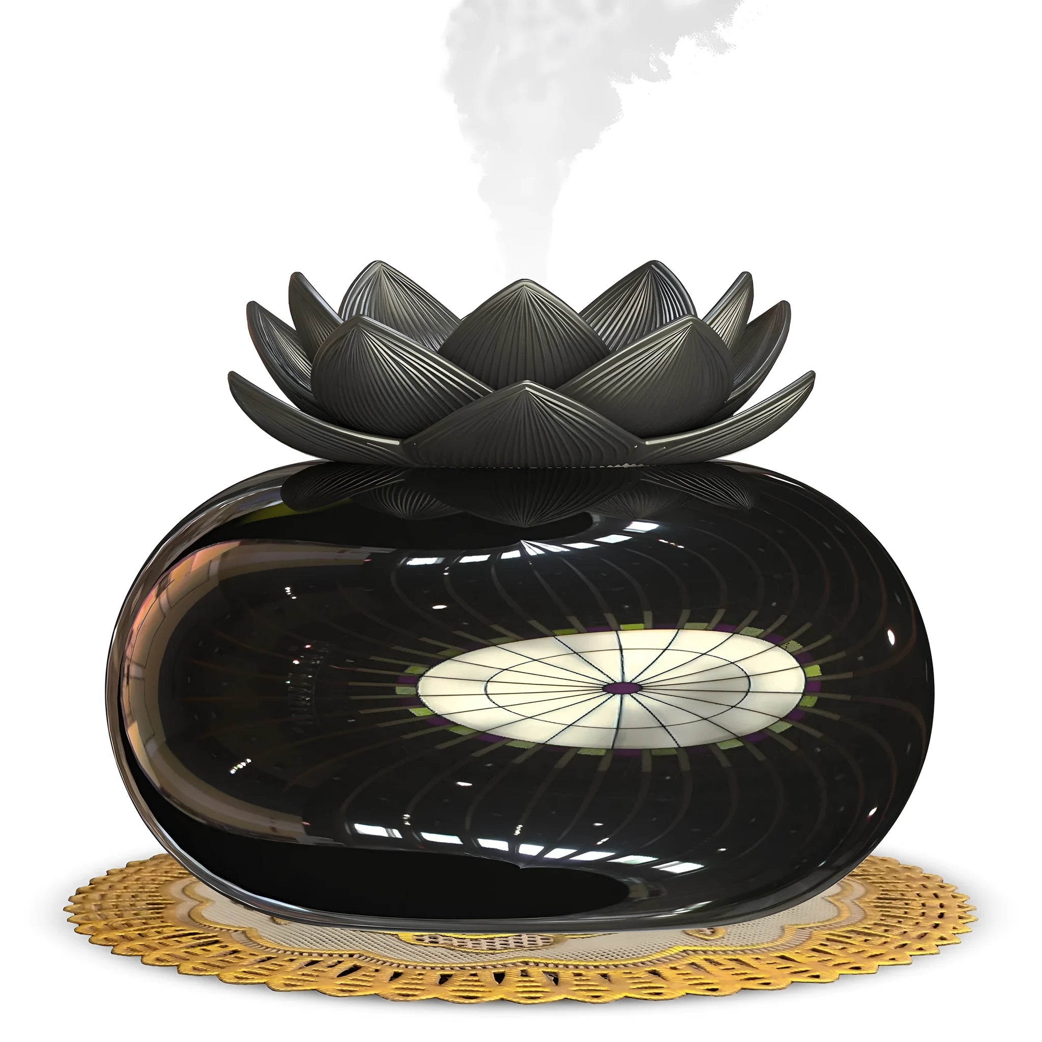 Pure black lotus-shaped aromatherapy humidifier with USB cable and ceramic mist diffusion plate