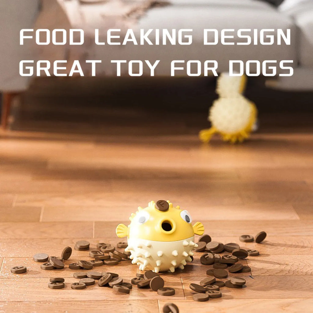 Yellow vinyl fish-shaped dog chew toy with textured surface for tough chewing and dental care.