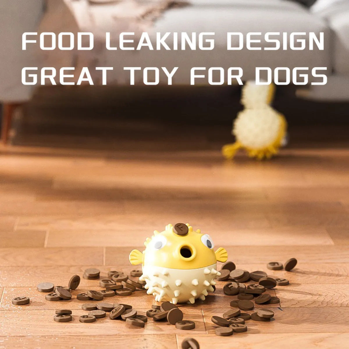 Yellow vinyl fish-shaped dog chew toy with textured surface for tough chewing and dental care.