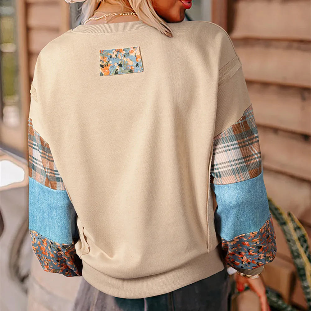 Women's beige plaid stitching pullover top with long sleeves and loose Japanese Korean casual styling