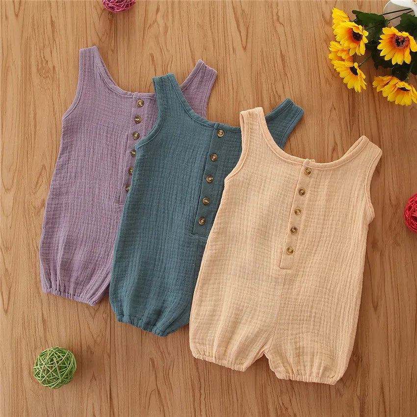 Cotton and linen sleeveless baby romper in solid colour, summer pullover style for girls.