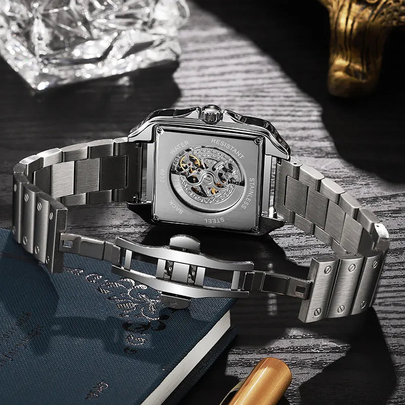 Men's square automatic watch with diamond detailing on steel belt