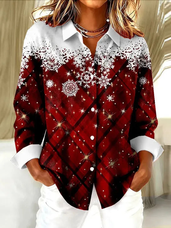 Check print women's long sleeve shirt in solid colour, loose fit polyester top, available in multiple sizes