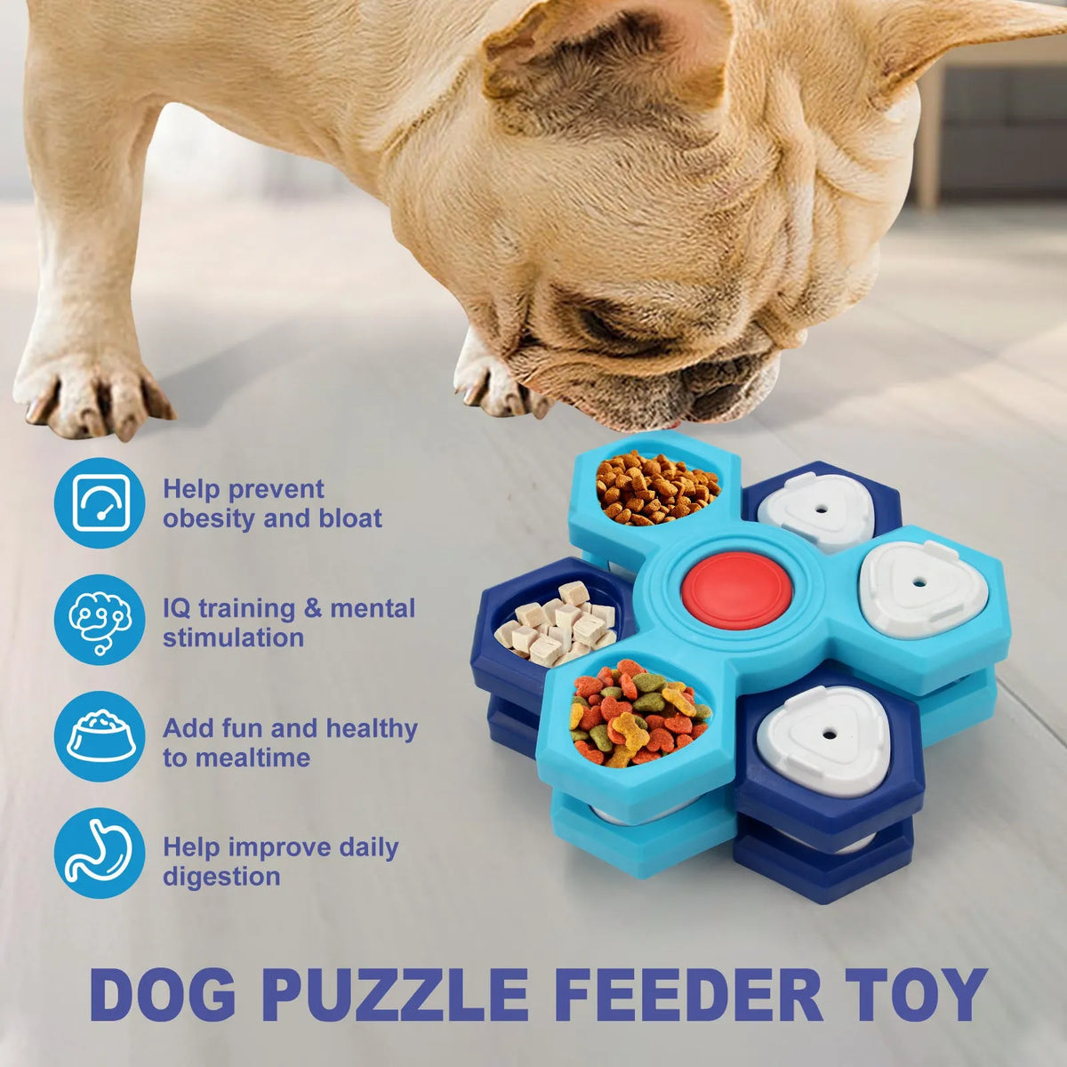 Blue plastic four-layer slow feeder puzzle dog bowl with non-slip base for interactive mealtime use