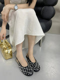 Women's flat sandals with rivet button detail, cowhide upper, black gold and black silver, sizes 35-43.