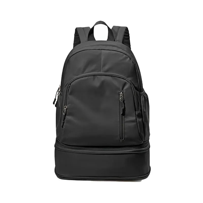 Women's casual backpack in grey colour showing curved shoulder straps and contrast stitching details