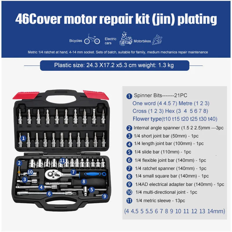 Socket ratchet wrench set in chromium vanadium steel with nickel plating finish