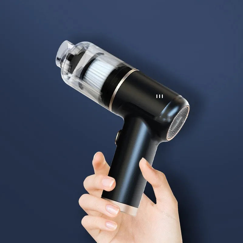 Black wireless car vacuum cleaner with multiple nozzle attachments and 4500PA suction