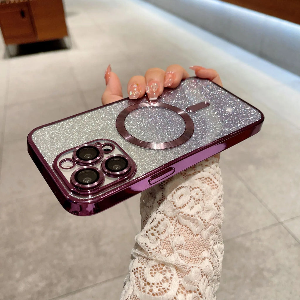 Electroplating magnetic mobile phone protective cover for Apple iPhone showing front and back with reflective finish and cutouts