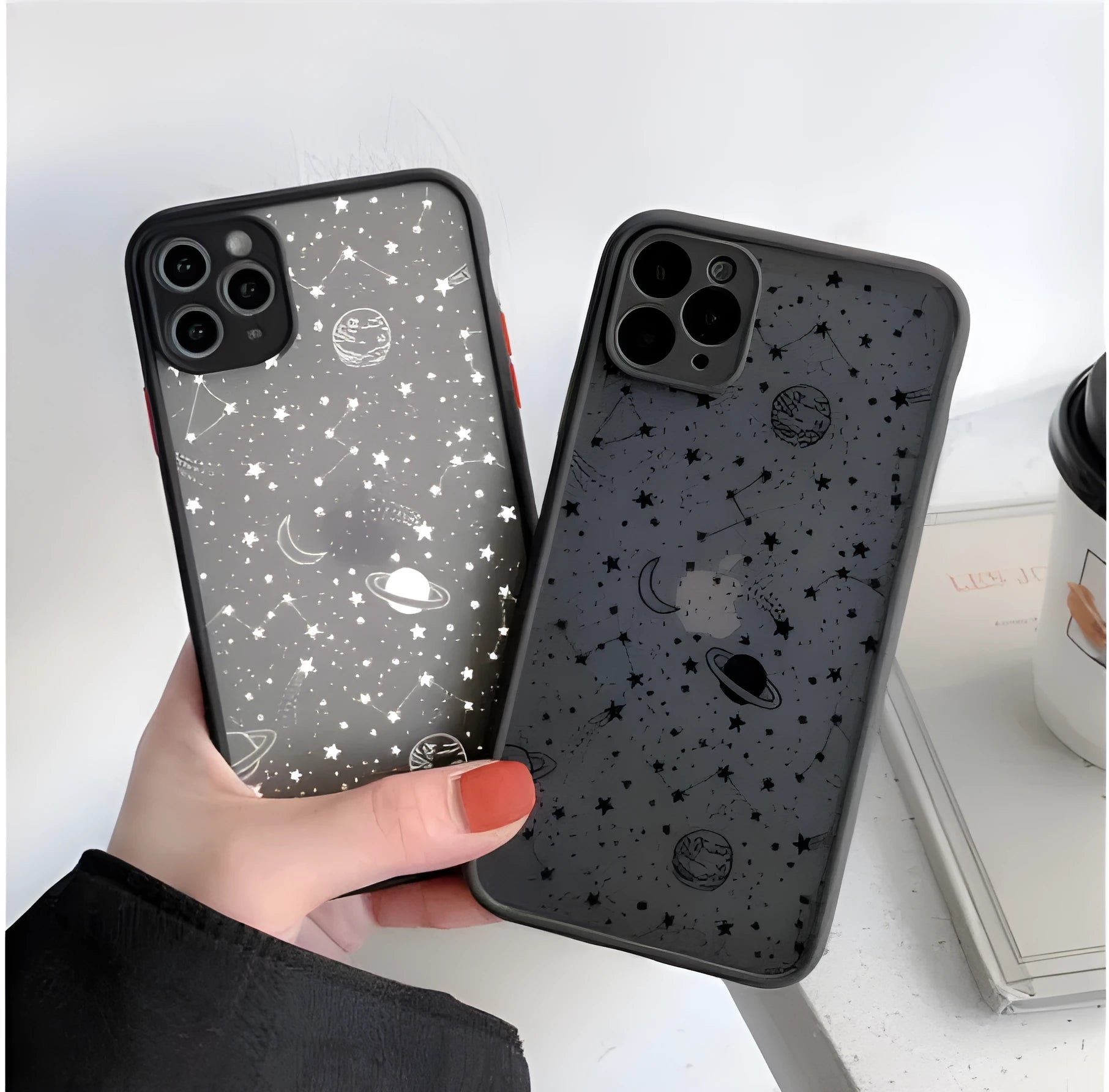 Clear mobile phone case with black frame and integrated screen cover for iPhone, showing blue light filter feature.