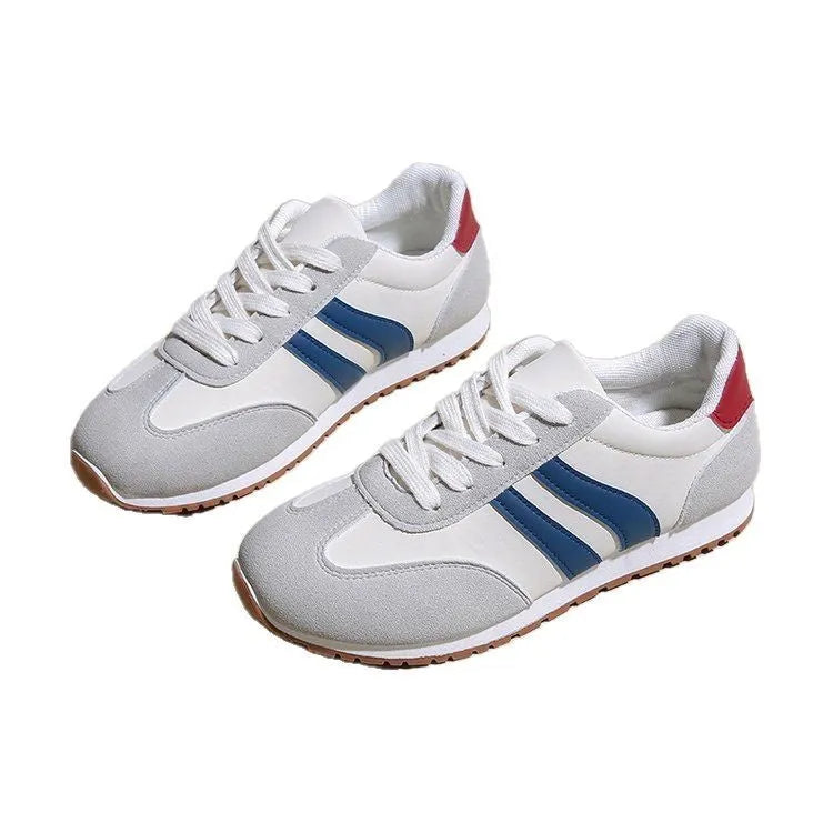 Blue and grey Cortez stripe leisure sports shoes with round toe and flat rubber sole.