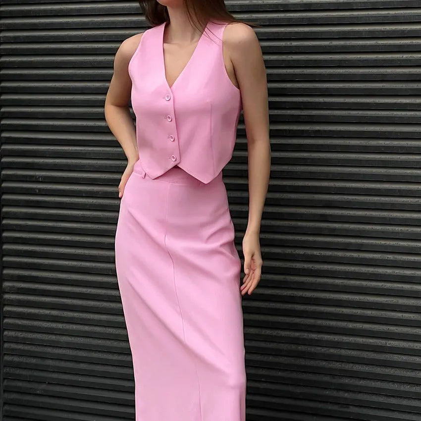 Pink sleeveless vest and long split skirt suit for women, polyester two-piece set in sizes S, M and L