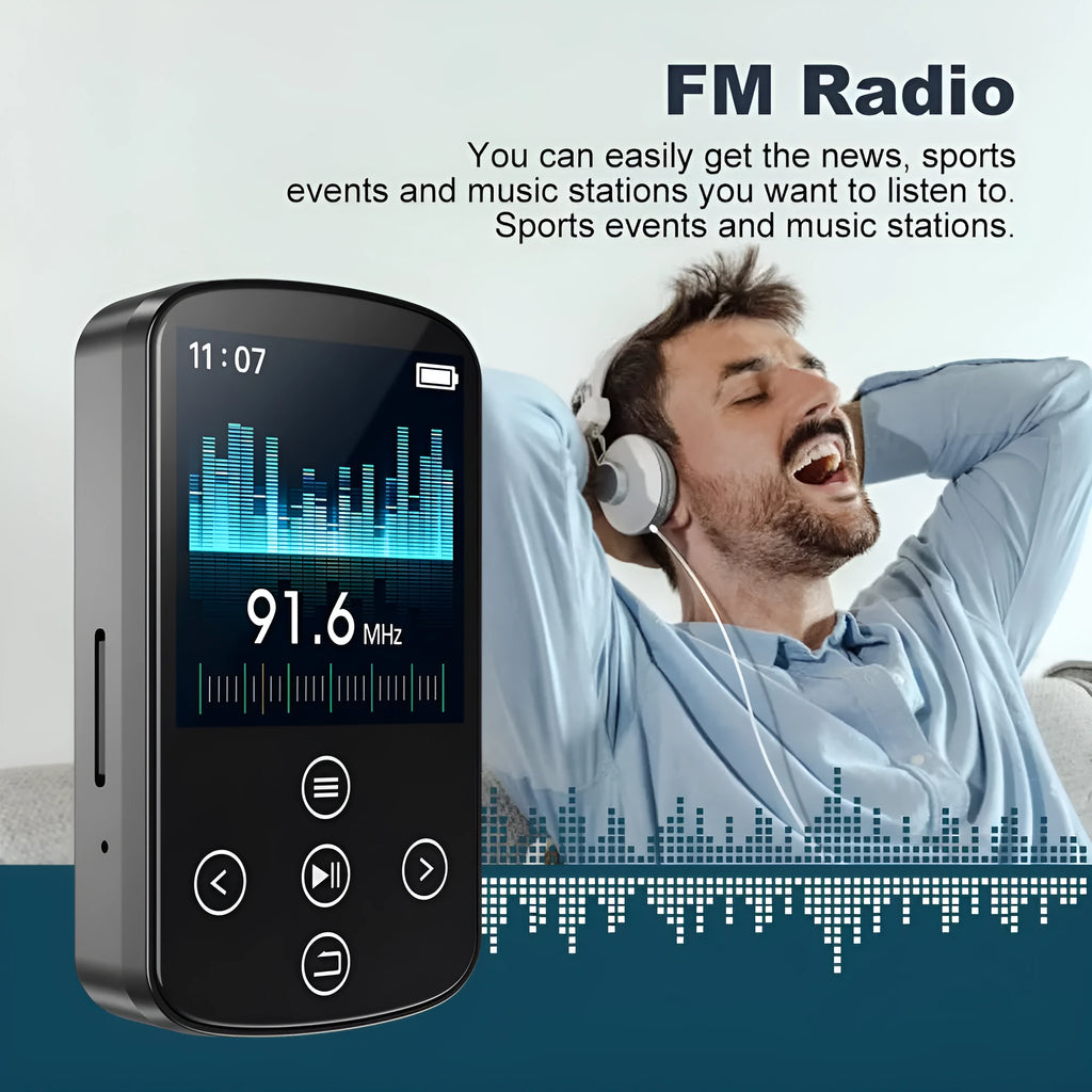 Black Bluetooth MP3 music player with touch screen and buttons