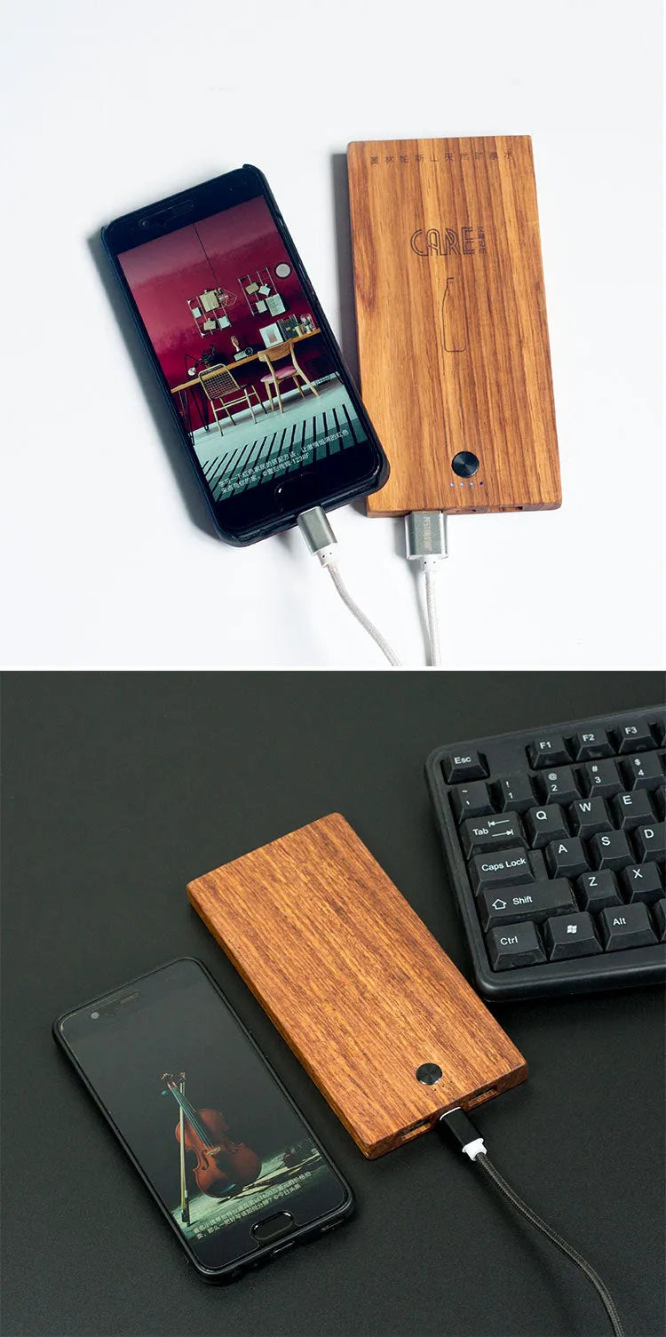 Wooden handicraft power bank with 8000mAh capacity, 156x77x12mm size, black and wood finish