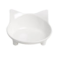White shallow cat bowl with non-slip rubber base on a table.