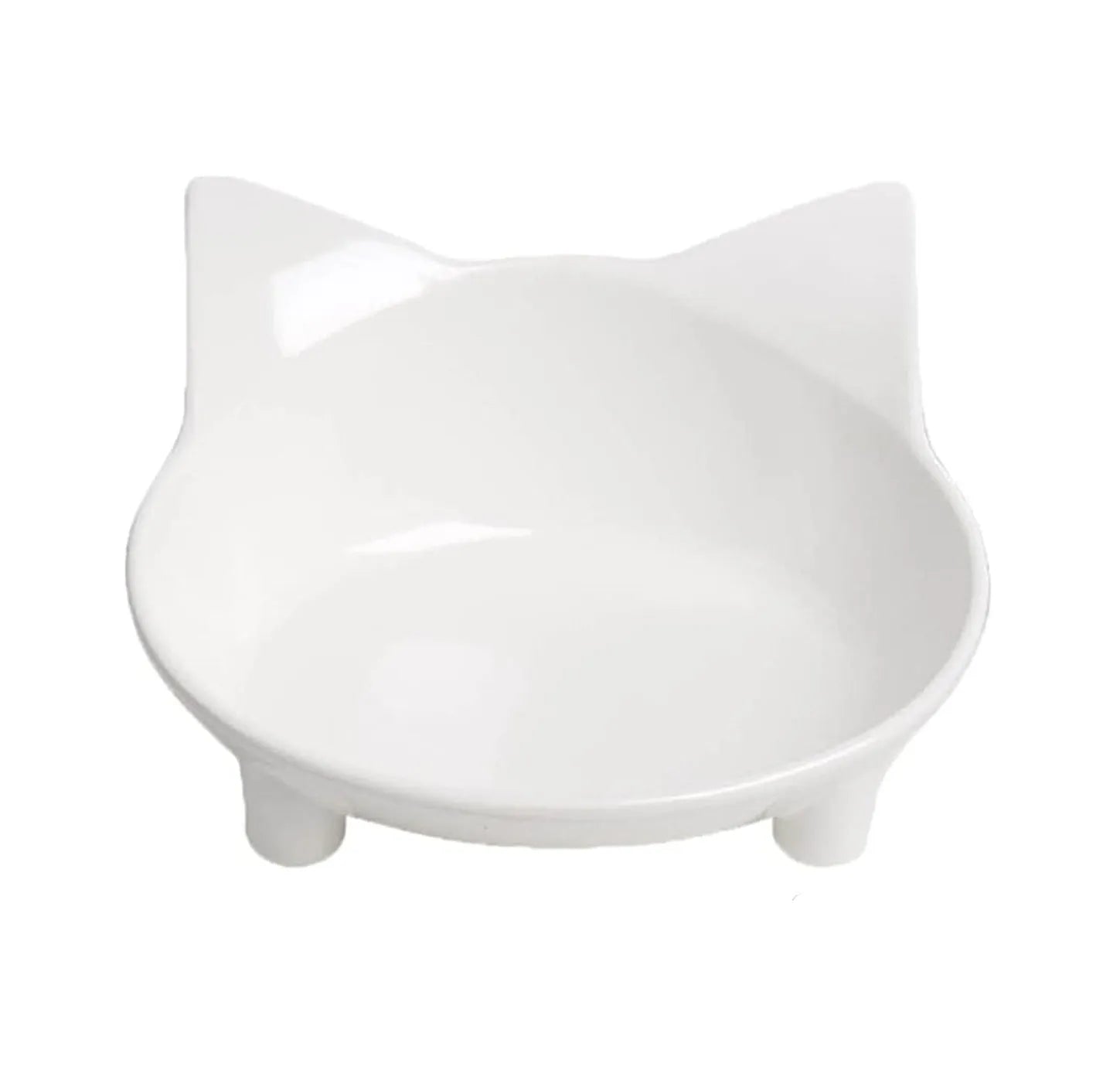 White shallow cat bowl with non-slip rubber base on a table.