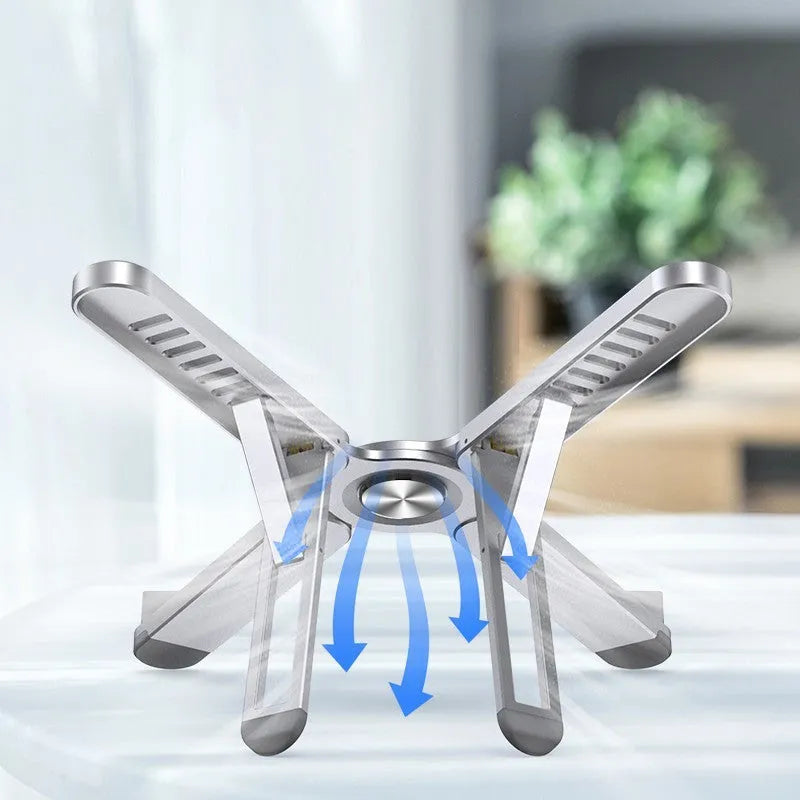 Foldable aluminium alloy laptop bracket in silver, measuring 280 x 23.5 x 46.5 mm
