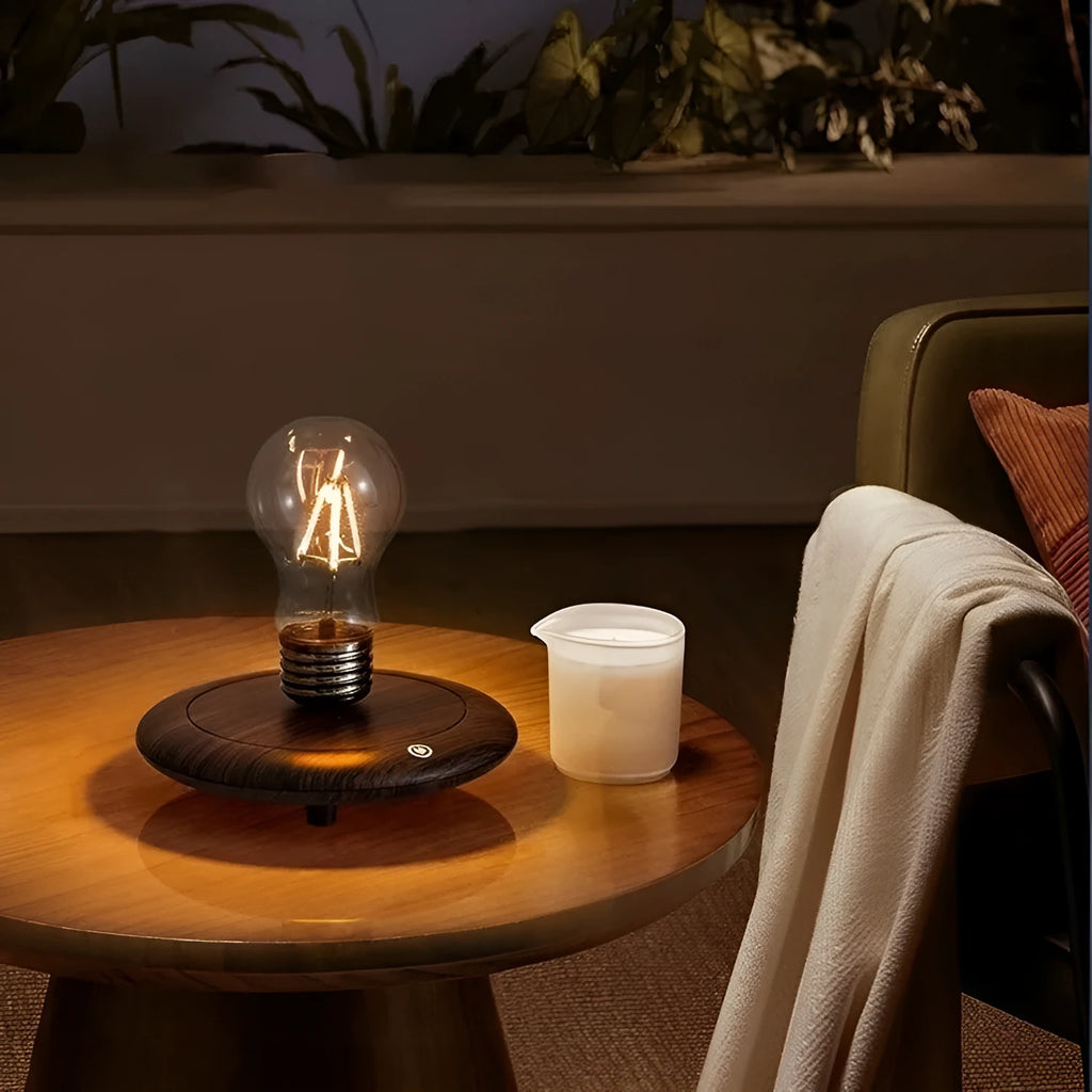 Suspension bulb small night lamp with iron art construction and wood grain base