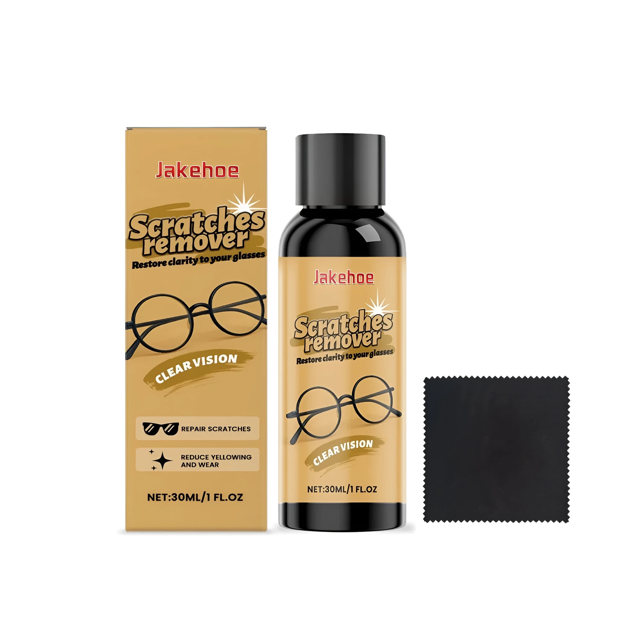 30ml bottle of glasses scratch remover solution with a microfibre cleaning cloth.