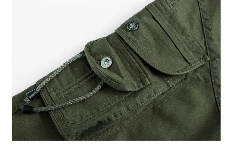Khaki cotton loose fit multi-pocket trousers overalls with straight leg and zipper placket