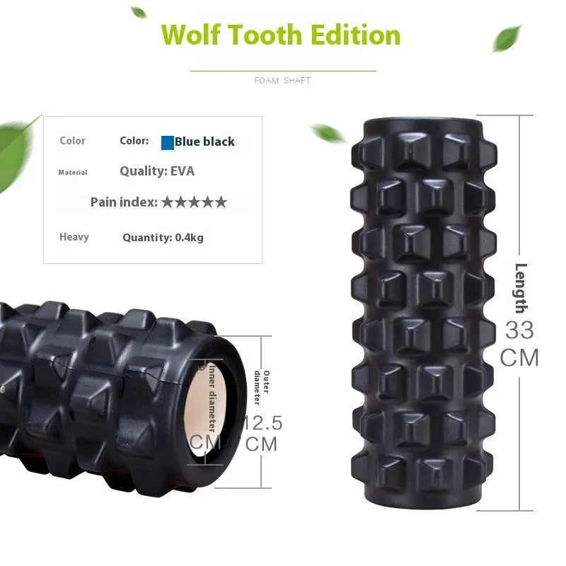 Black handheld foam massage roller stick with six gear pieces, 33cm long