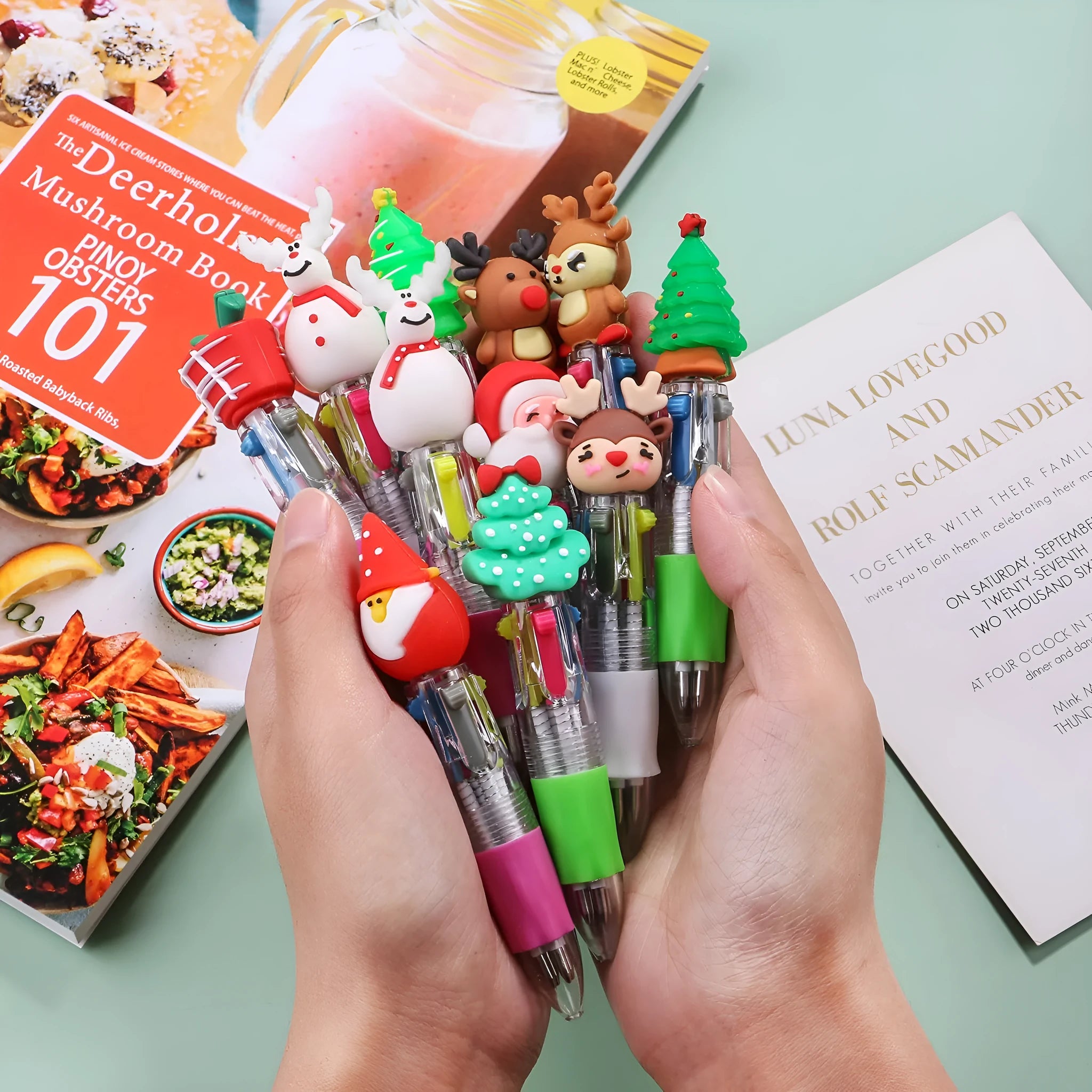 11cm Christmas four-colour ballpoint pen with press button and festive designs