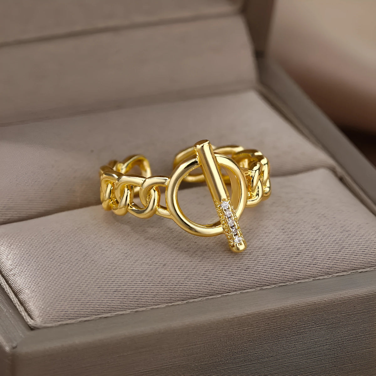 Gold plated copper adjustable open ring with zirconia inlay and OT buckle design