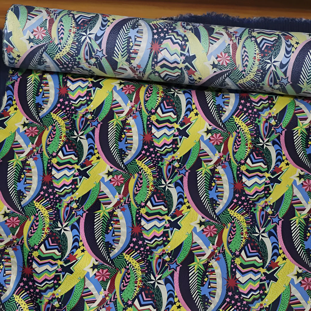 Blue floral digital print on 100% cotton fabric showing a 145cm wide by 1m long piece.