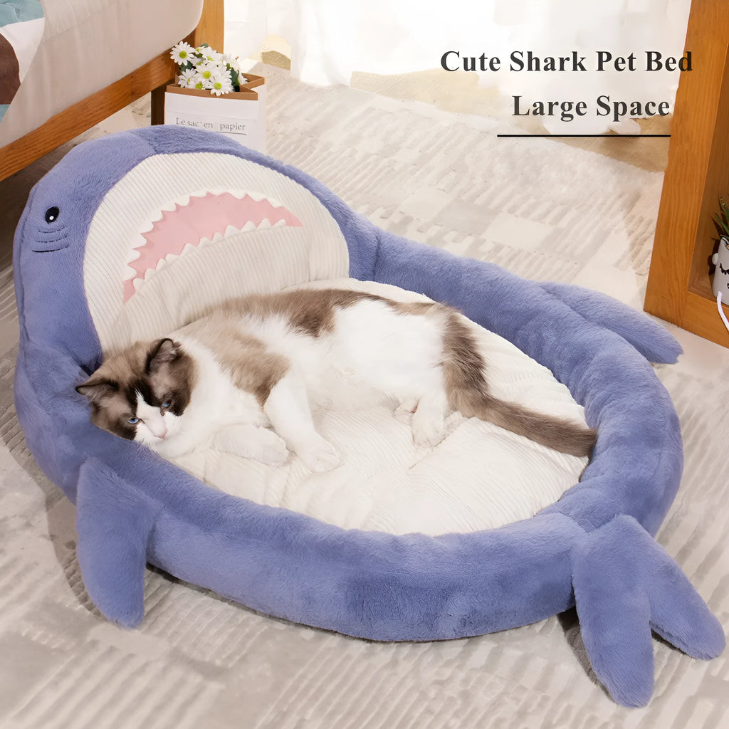 Shark pattern pet bed cushion in blue or grey with non-slip base and velvet fabric