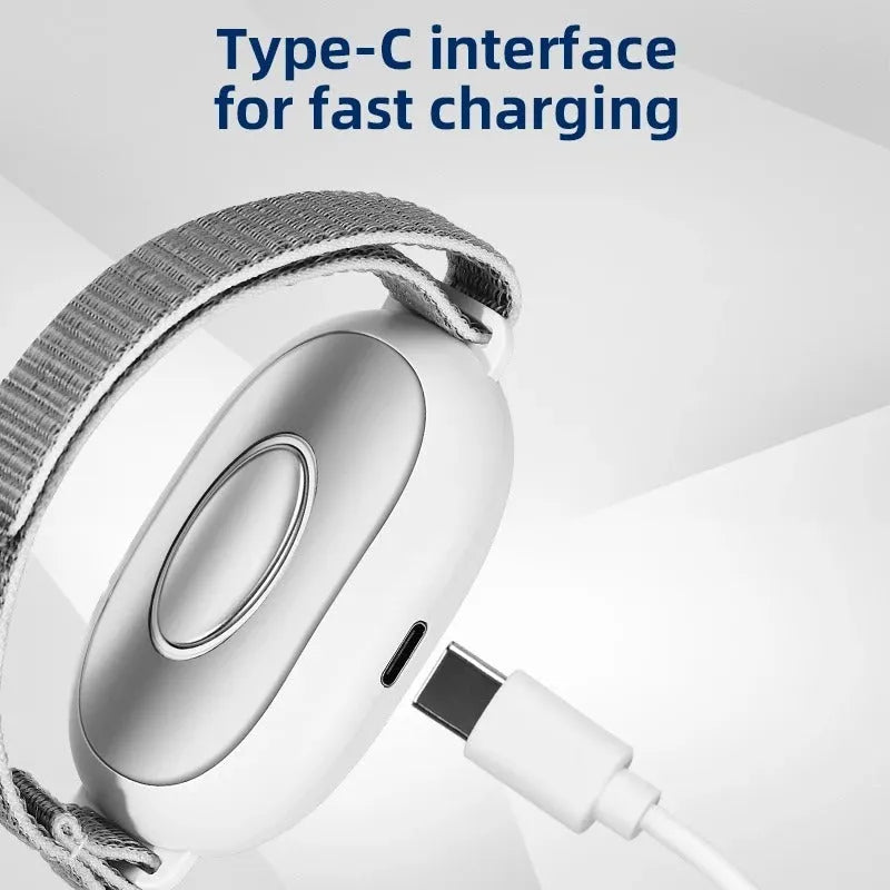 White handheld sleep aid device with sleep bracelet and charging cable showing 20 intensity settings
