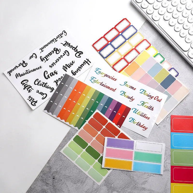 Paper adhesive sticker set showing multiple grid designs, sticky notes, and A6 rulers in various colours