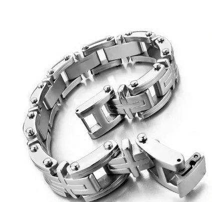 Men's titanium steel bracelet with polished geometric segment design in steel colour