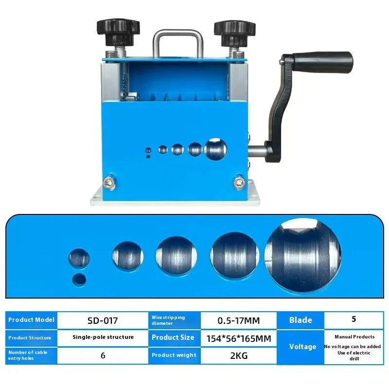 SD-017 manual wire stripping machine showing compact design with wire diameter indicators