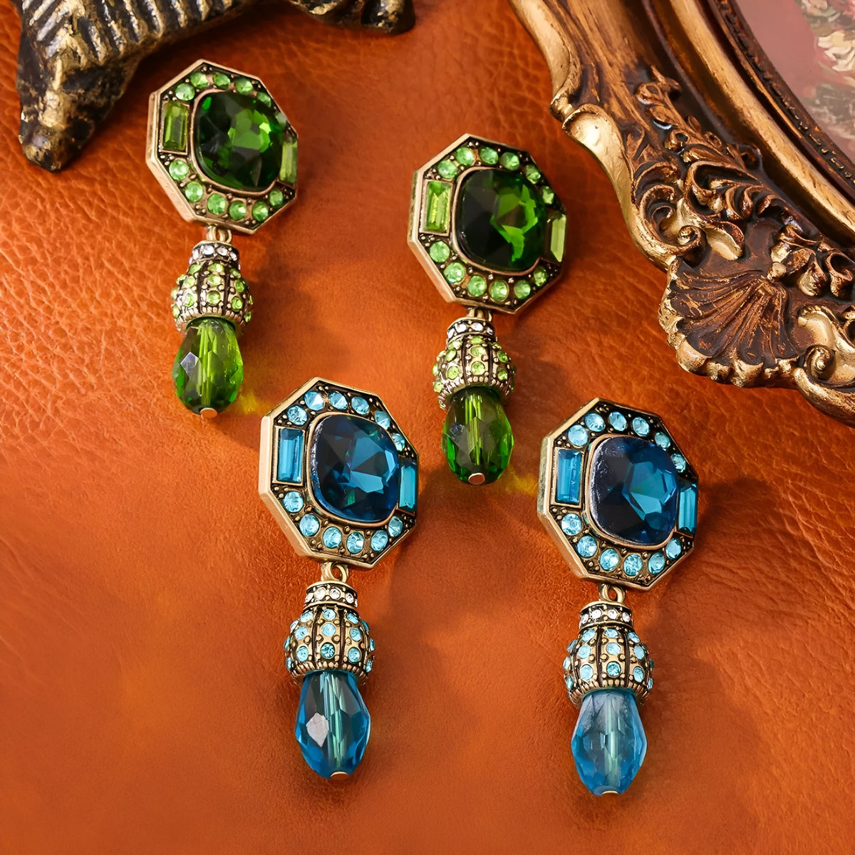 Full-jeweled octagonal copper alloy stud earrings in blue colour with geometric Chinese style design