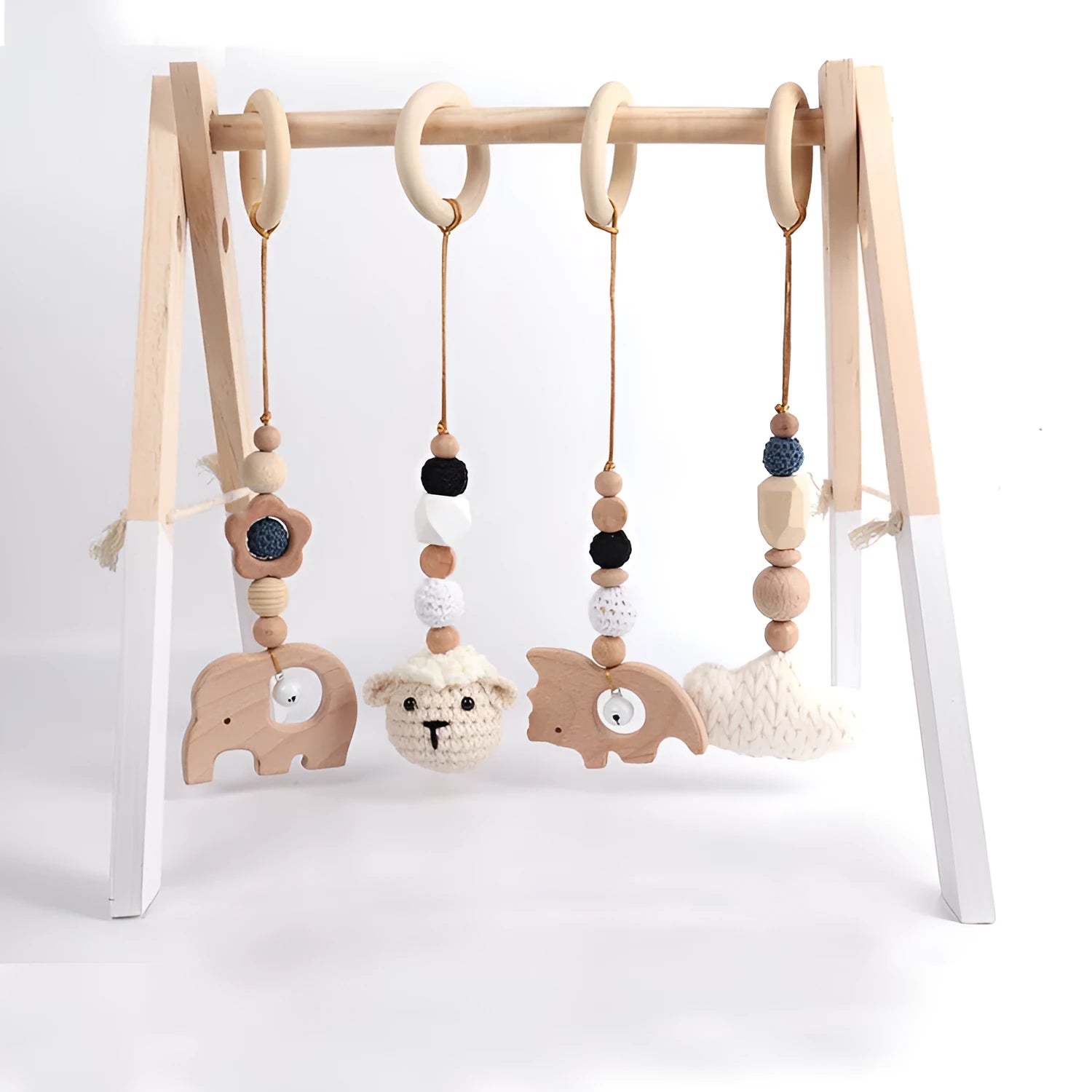 Beech wood baby rattle toy with animal decoration, 28cm long, available in six colours