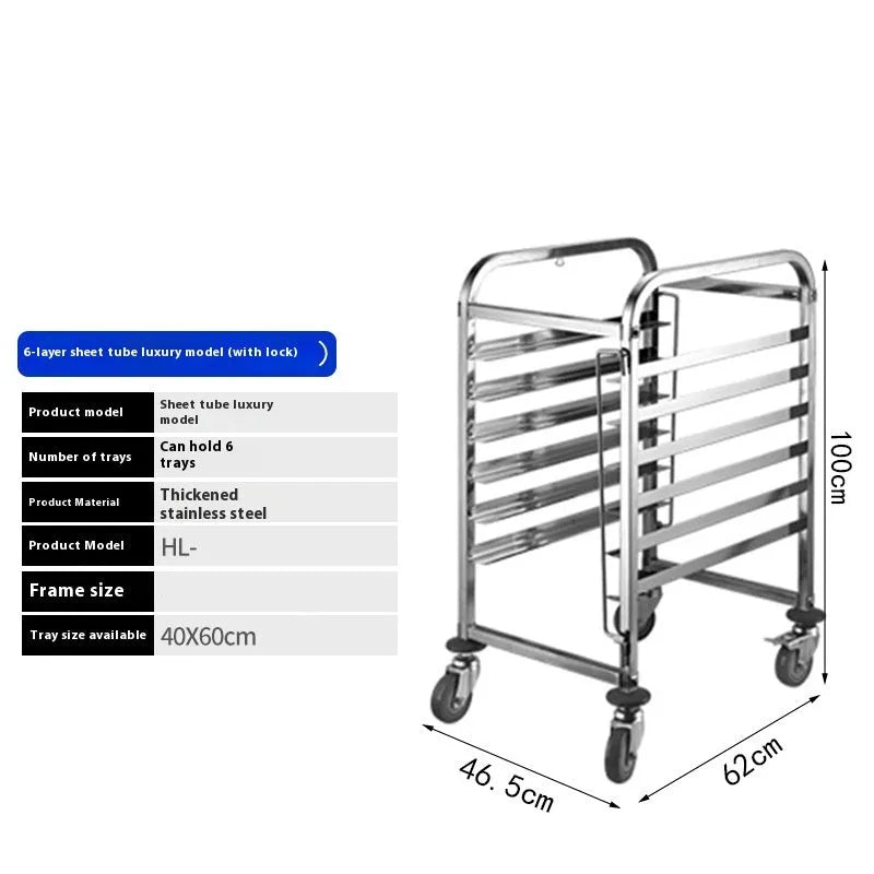 Stainless steel six-layer baking tray rack with lock feature for commercial kitchen use