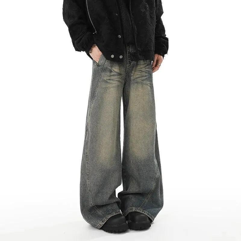 Blue washed distressed stitching straight loose wide-leg jeans for men, cotton denim, mid waist